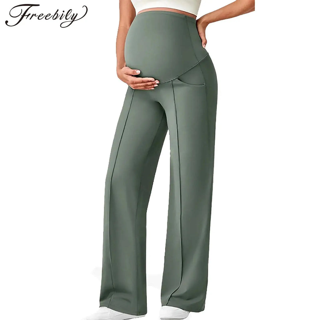 Maternity Pants Over The Belly Yoga Dress Elastic Waistband Stretchy Wide Leg Work Pregnancy Trousers with Pockets Sportswear