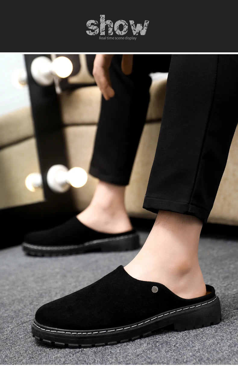 Black Men's Half Shoes Summer Casual Shoes Comfortable Suede Leather Shoes For Men Loafers Breathable Slip-on Shoes Man Slippers