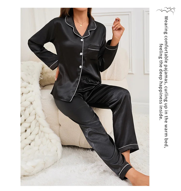 Women Satin Pajamas Autumn Long Sleeve Buttons Lapel Top & Pants Sleepwear 2 Piece Button-Down Pj Set Homewear Cozy Lounge Set