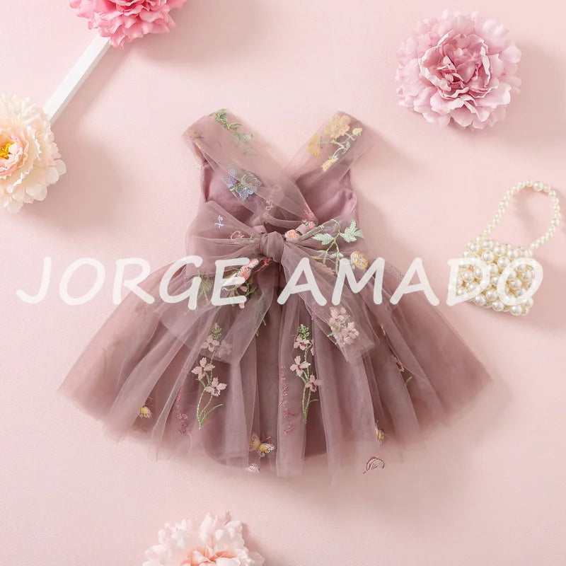 2026 Easter Kids Dress Girl Summer Dress Floral Bow Sleeveless Dance Performance Dress Girls Clothes E1236