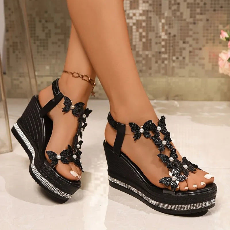 2025 new wedge sandals butterfly pearl decoration word with diamond