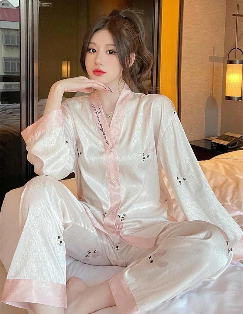 Maternity 2-Piece Set of Ice Silk Pajamas Comfortable Silk Long-Sleeved Trousers Herringbone Pattern Jacquard Silk Loungewear