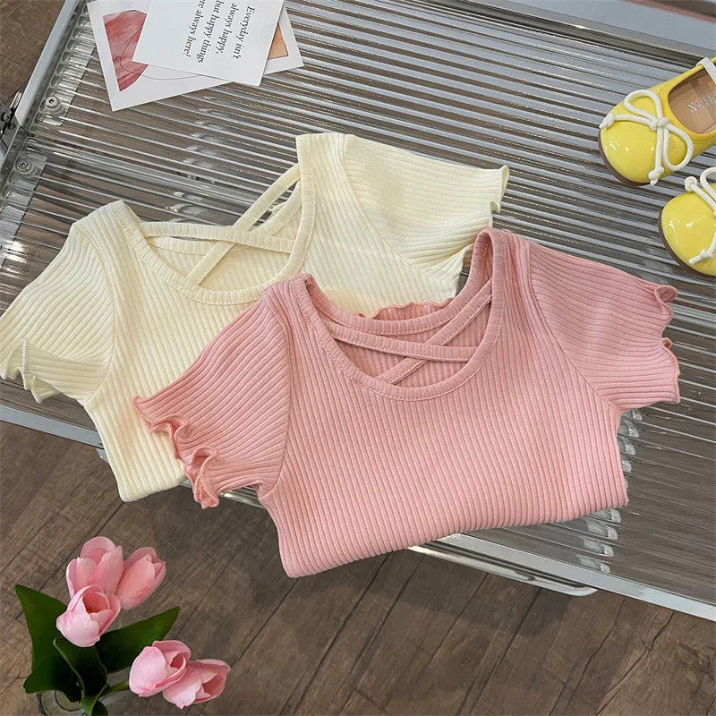 Girls T-Shirt Summer Children Short-Sleeved Casual Thin Soft Tops Simple Solid Color Kids Clothing 2-6 Years Baby Tees