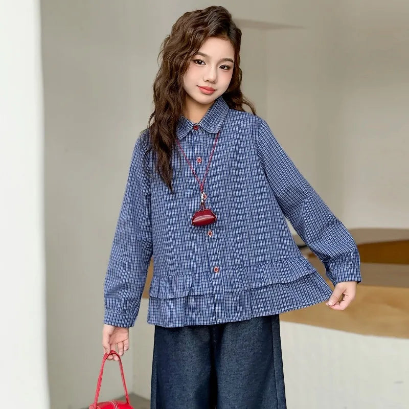 Girls Clothing Set Fashion Children Blue Plaid Loose Fit Sweet Doll Shirt +Cowboy Wide Leg Pants Two-piece Set Spring Autumn