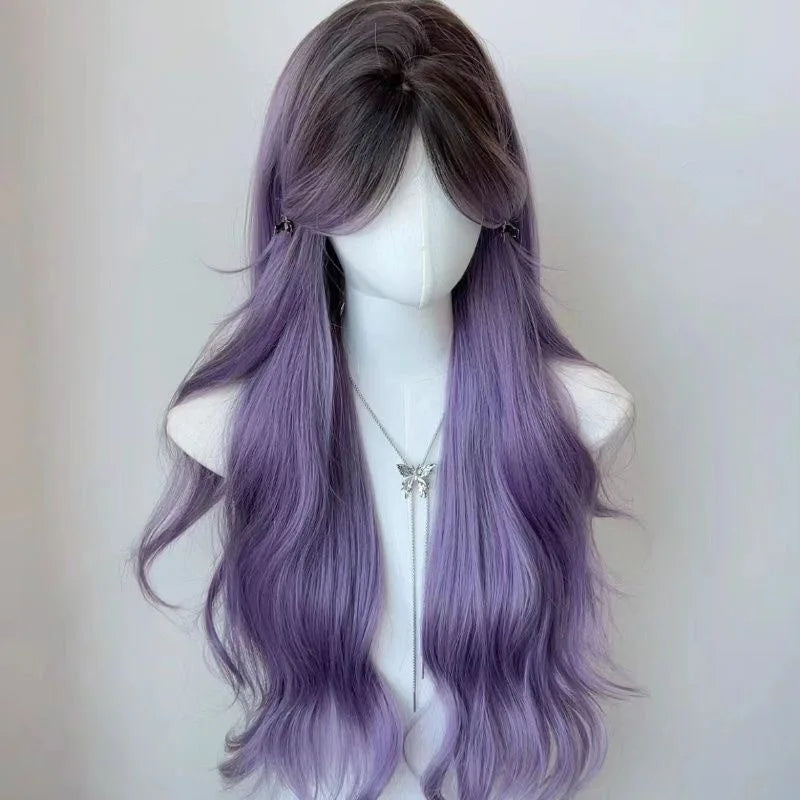 Wig Female Full Head Wig Hairstyle Long Hair Gradient Purple Cosplay Big Wave Long Curled Hair Simulation Hair