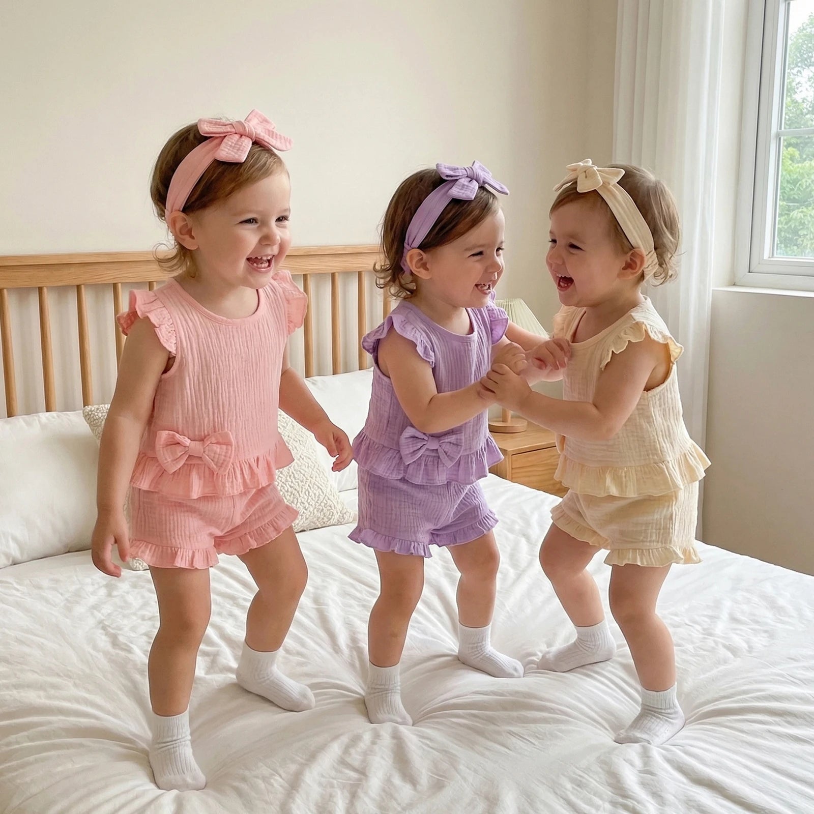 Little Girls 3 Piece Outfits Soft Adorable Solid Color Flying Sleeve Round Neck Tops Shorts Headband Set Baby Clothing
