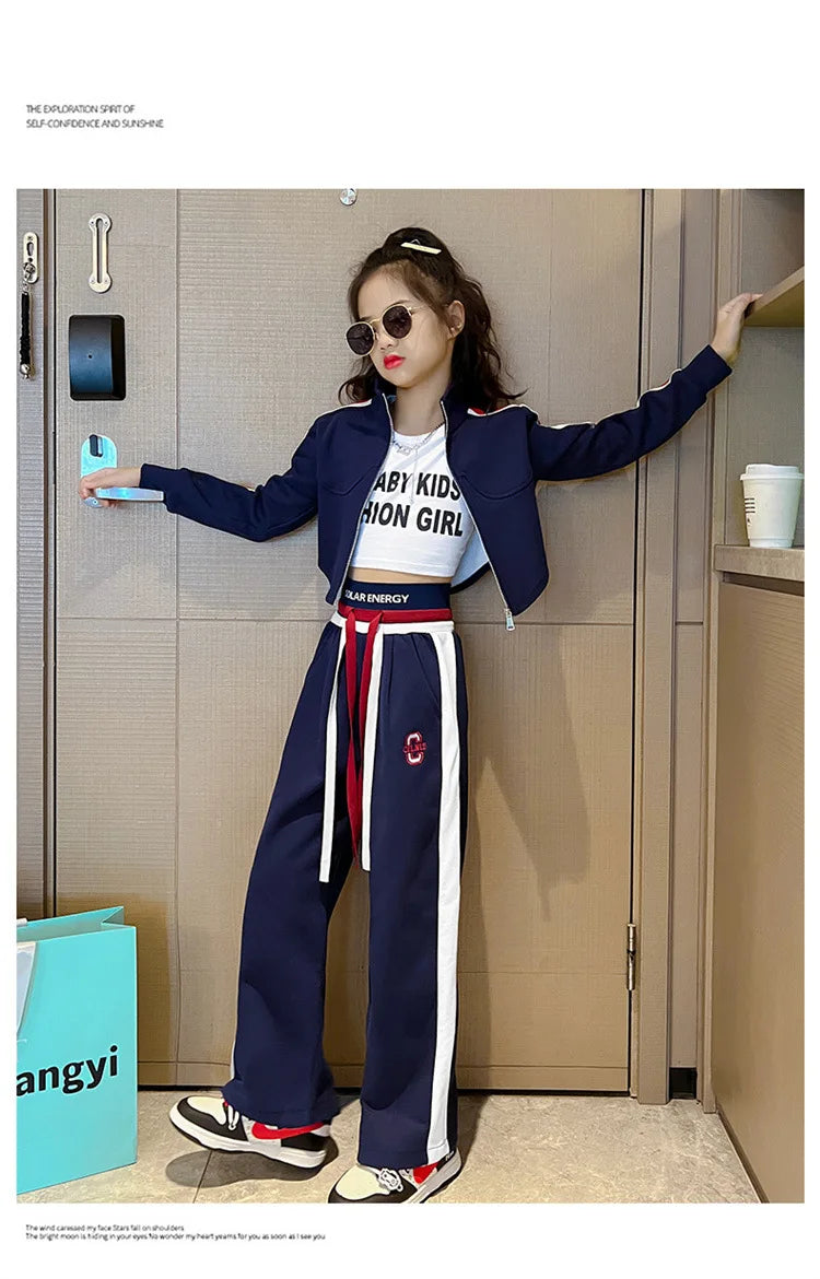 Childrens teenager girls Clothing Set Casual Sportwear Striped Short Top+Wide leg Pant 2pcs Girls Elastic Waist Trousers 4-15