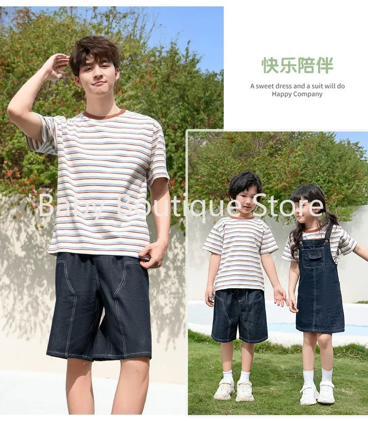 2025 Mom Daughter Father Son Family Matching Summer Cotton Mother Daughter Outfits Twin Wear Casual Striped Tshirt Overalls Set
