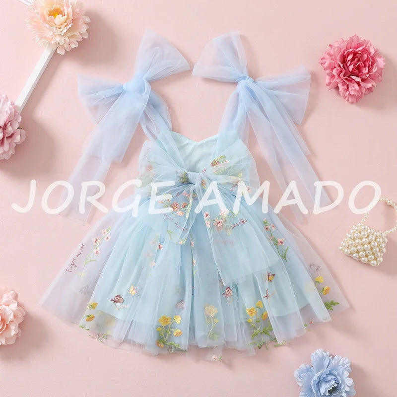 2026 Easter Kids Dress Girl Summer Dress Floral Bow Sleeveless Dance Performance Dress Girls Clothes E1236