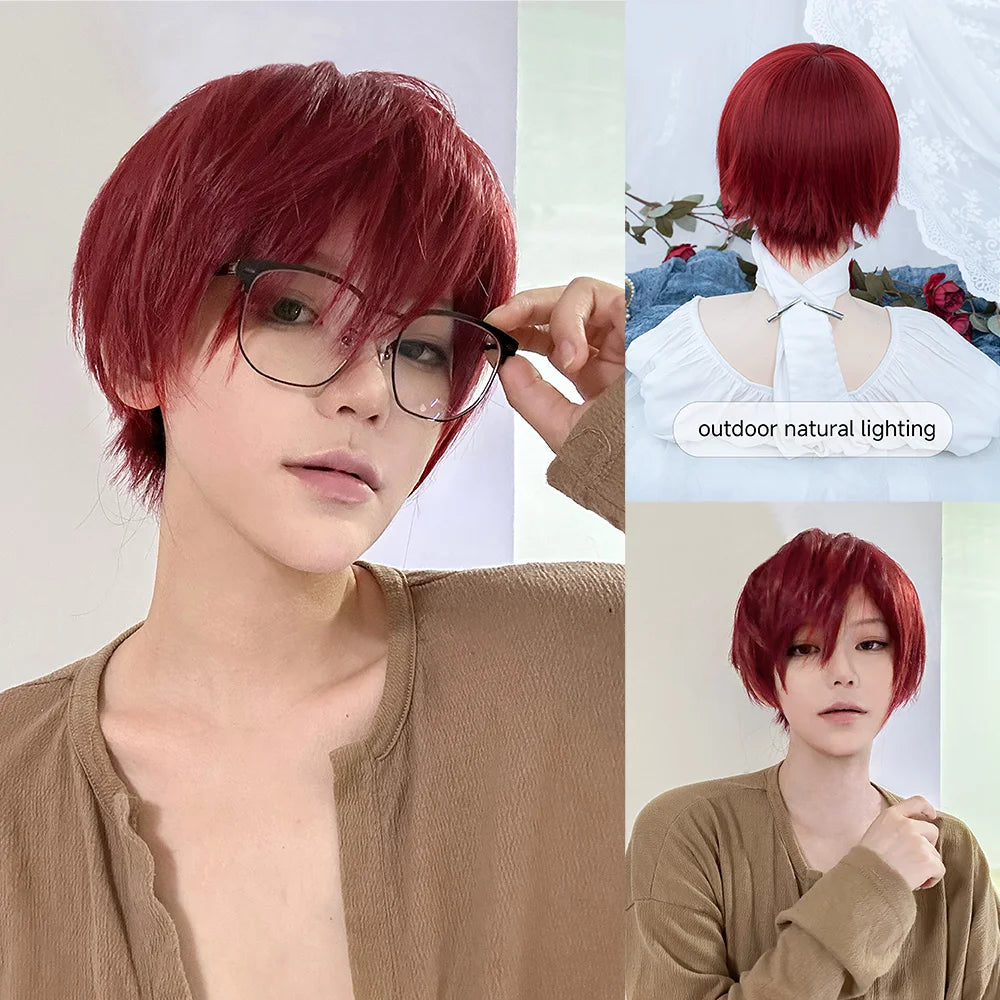 8Inch Wine Red Color Handsome Synthetic Wigs With Bangs Short Straight Hair For Man or Women Daily Use Cosplay Heat Resistant