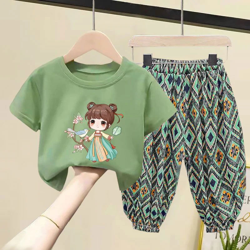 Kids Clothes Girl Sets Summer Little Girls Children Clothing Baby Suit Toddlers Girl T-shirt Short Sleeve Trousers 2pcs Cotton