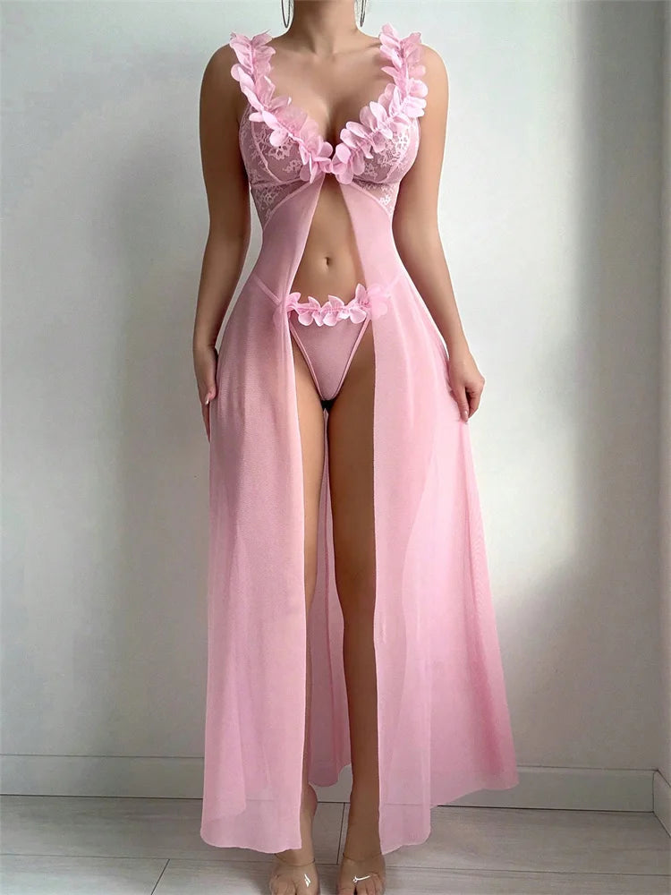 Sexy Women Nightgowns Pink Floral Sleepwear Summer Slip Night Dress Deep-V Lace Sleep Dress Mesh See Through Baby Doll Nightie