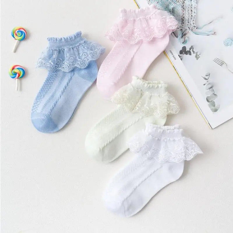 4Pairs Baby Girls Lace Socks Spring Summer Ruffle Princess Mesh Children Ankle Short Breathable Cotton Toddler Kids Socken 1-6Y