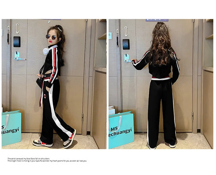 Childrens teenager girls Clothing Set Casual Sportwear Striped Short Top+Wide leg Pant 2pcs Girls Elastic Waist Trousers 4-15