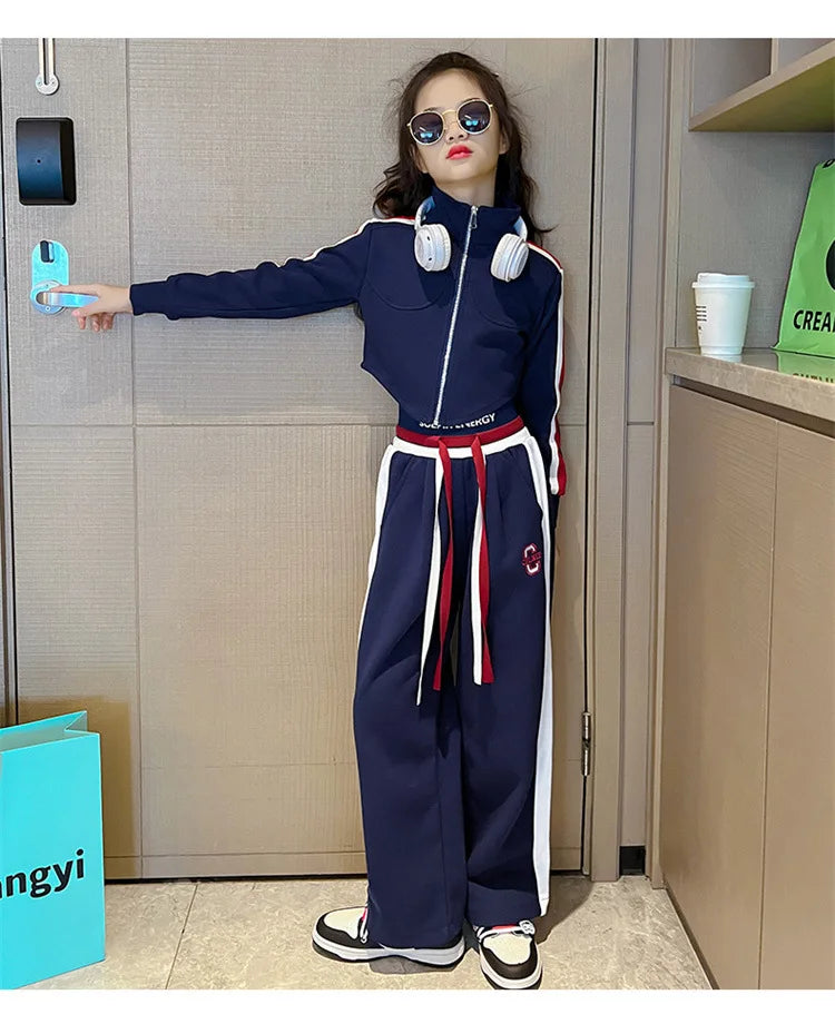 Childrens teenager girls Clothing Set Casual Sportwear Striped Short Top+Wide leg Pant 2pcs Girls Elastic Waist Trousers 4-15