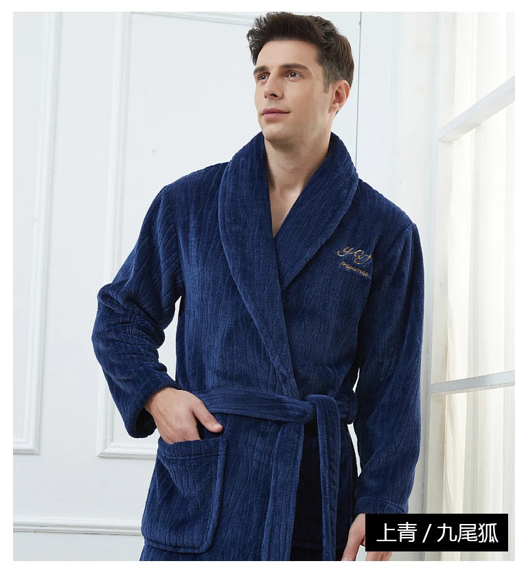 Plus Size 3XL 4XL Men Flannel Robe Winter Thickened Sleepwear Kimono Bathrobe Gown Warm Coral Fleece Loose Home Wear Nighwtear
