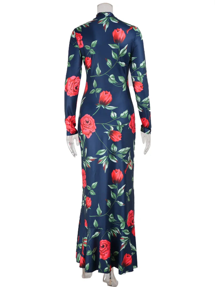 CNYISHE Flower Prints O Neck Women Dresses Sheath Trendy Fashion Elegant Evening Party Outfits Female Bodycon Long Sleeve Robes