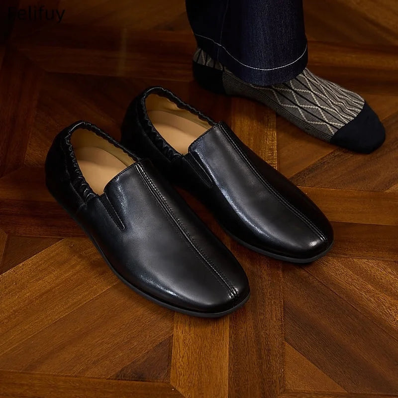 Black Casual Low-Heel Men's Genuine Leather Flat Shoes Korean Style Slip-On Loafers Fashionable Black Business Shoes round Toe