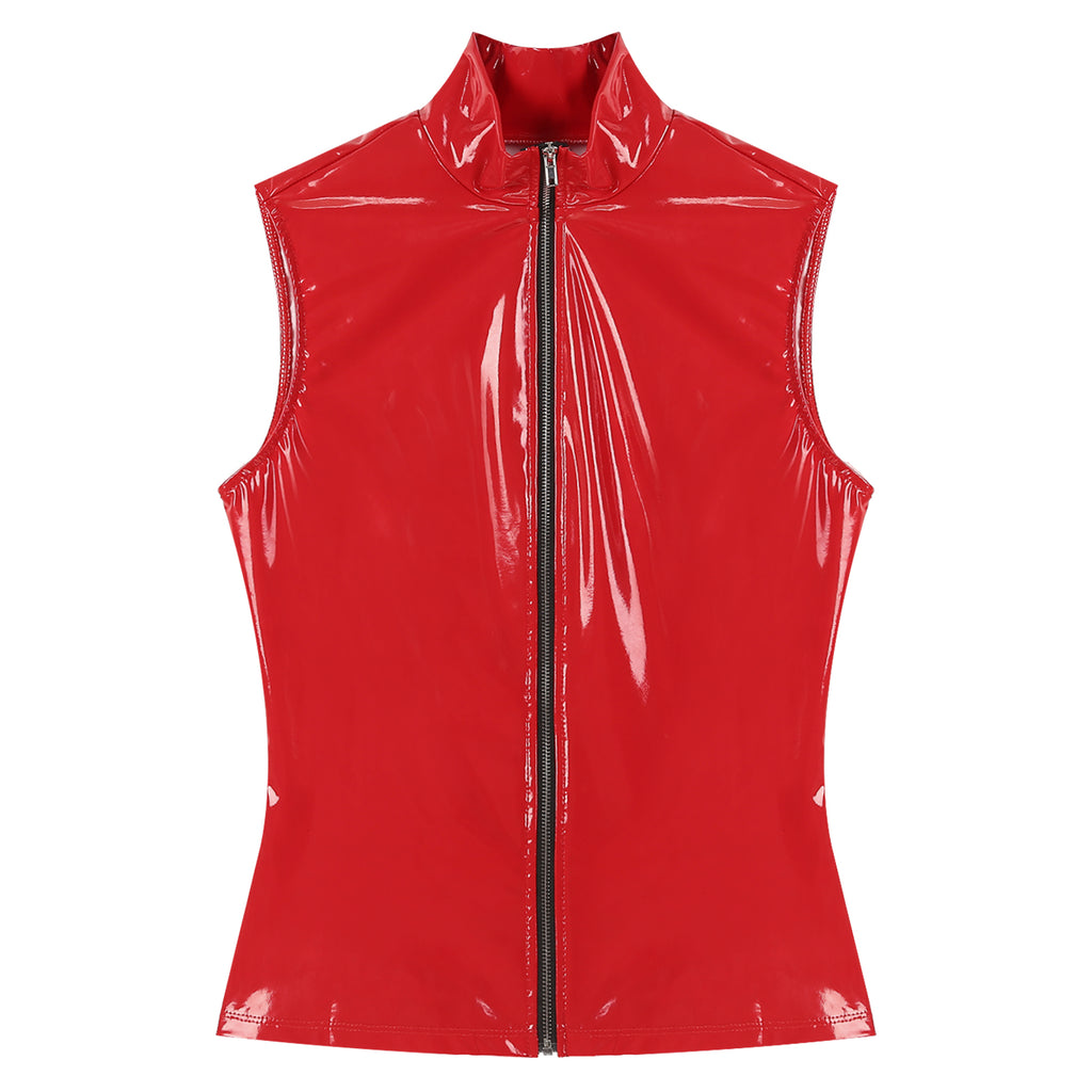 Mens Glossy Patent Leather Crop Tops Patent Leather Stand Collar Vest Top Clubwear Zipper Sleeveless Jacket Gothic Punk Clubwear