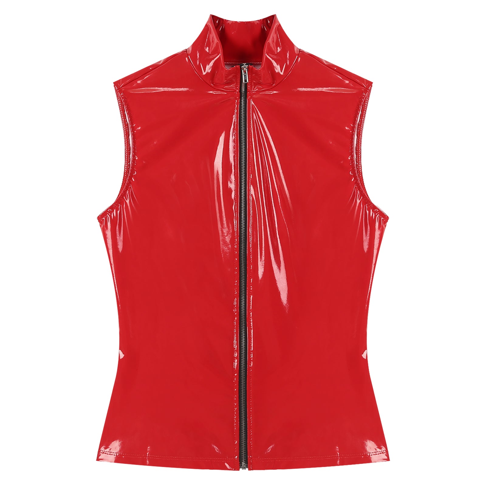 Mens Glossy Patent Leather Crop Tops Patent Leather Stand Collar Vest Top Clubwear Zipper Sleeveless Jacket Gothic Punk Clubwear