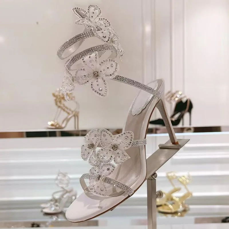 Sandalias Women Rhinestone Flower Decor Dress Shoes Snake Shaped Elastic Strap Thin High Heels Sandals Summer Bridesmaid Shoes