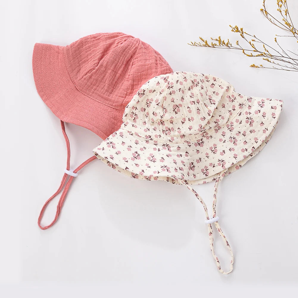Floral Print Baby Bucket Hats Adjustable Solid Caps for Infant Boys Girls Sunscreen Outdoor Beanies Beach Fishing Headwraps