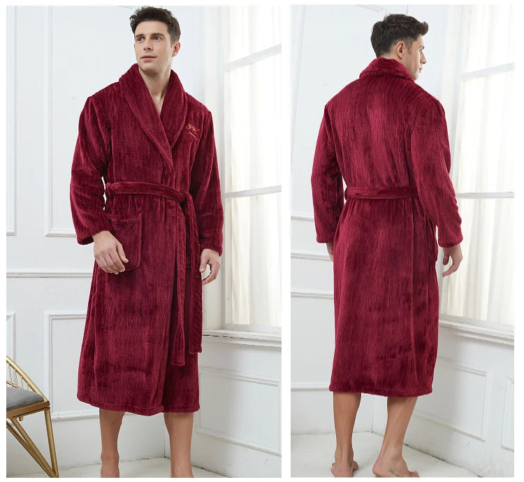 Plus Size 3XL 4XL Men Flannel Robe Winter Thickened Sleepwear Kimono Bathrobe Gown Warm Coral Fleece Loose Home Wear Nighwtear