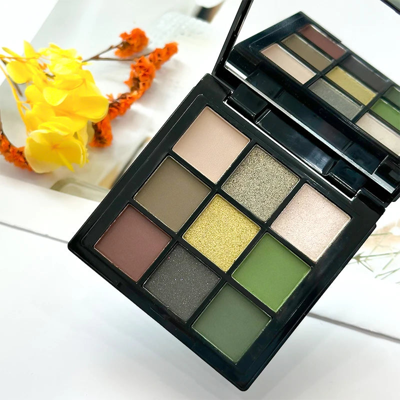 9 Color Eyeshadow Palette Olive Green Smoky Eye Look Pearlescent Shimmer Matte Eyeshadow Powder Makeup Palette Glitter Cosmetics