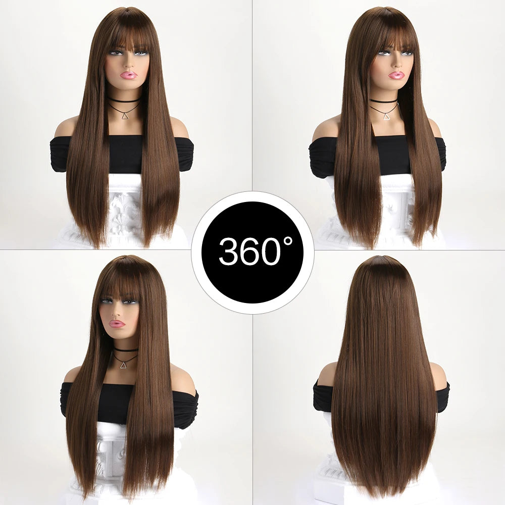 Wig with Bangs for Women  Long Straight Heat Resistant Synthetic Wig for Daily Use, Party, Halloween, Cosplay 26 Inch Wig for