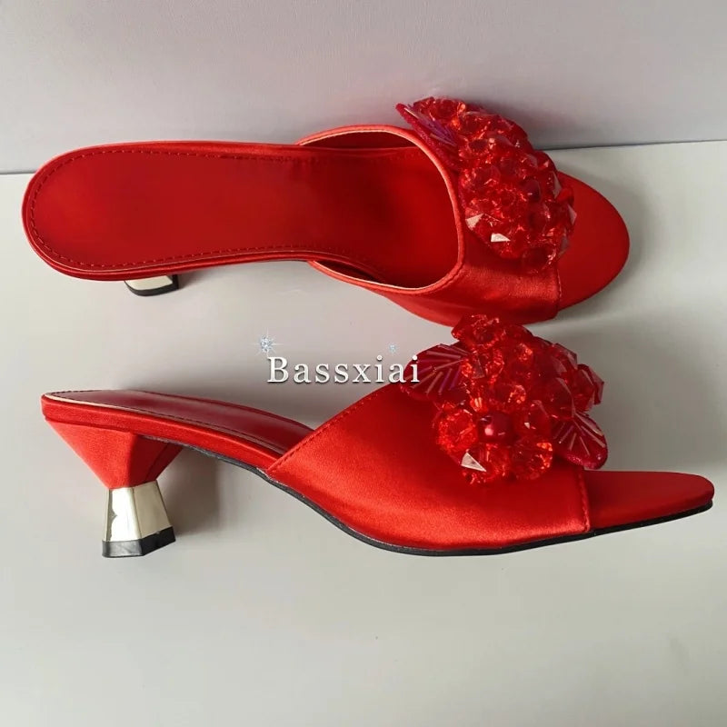 Red Silk Slingback Sandals with Unique Beaded Sequin Flower Design Strange Heel Summer Mules for Women