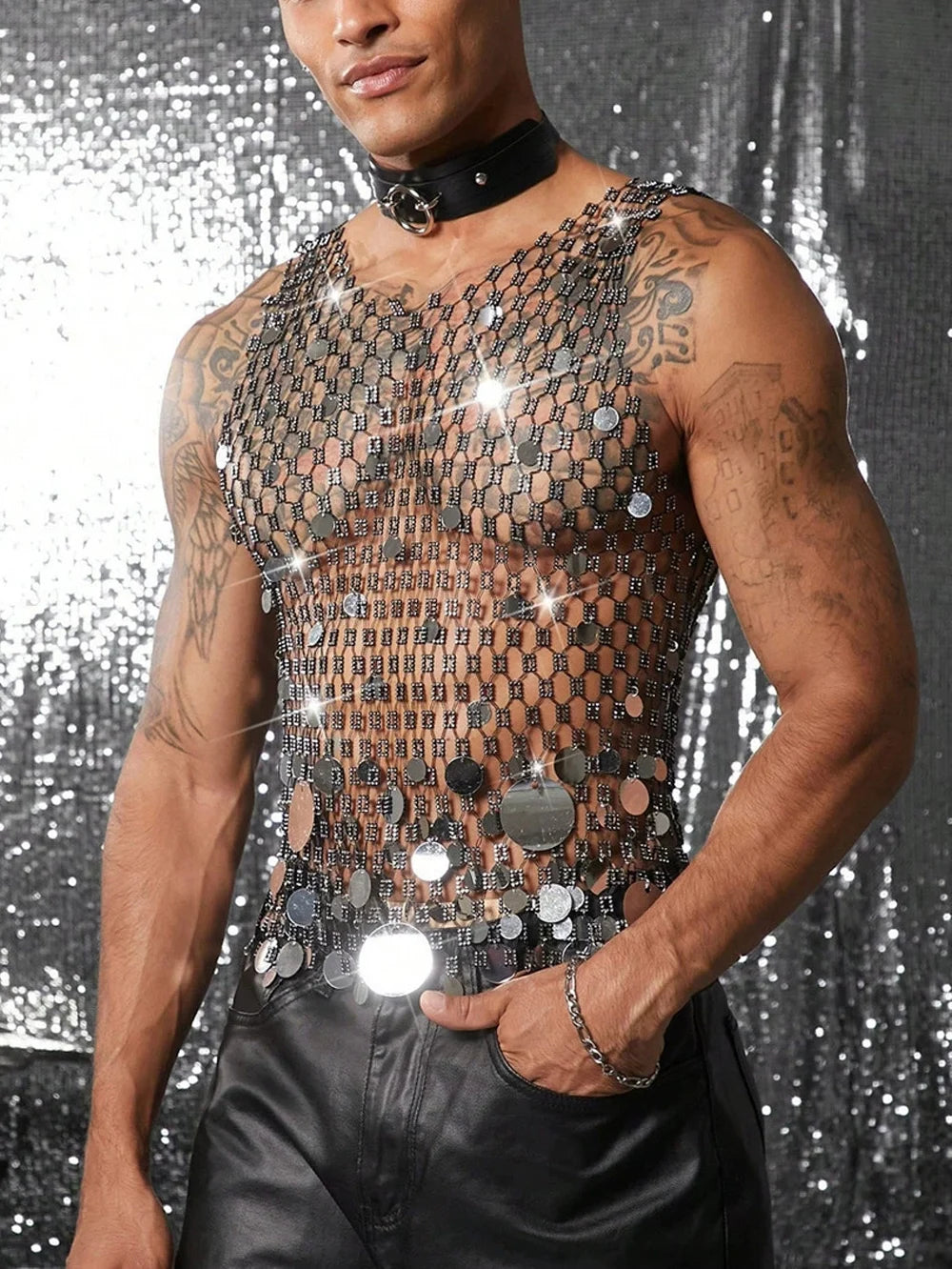 Tank Tops Men Rhinestone Fishnet Shiny Muscle Top Man See Through Vest Round Sequin Sleeveless T-Shirt Party Nightclub Garment