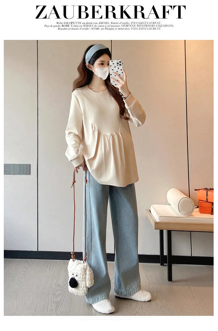 Maternity Sweatshirt Spring Autumn Simple Casual Cute Loose Slim Comfortable Round Neck Long Sleeve Sweatshirt For Pregnancy