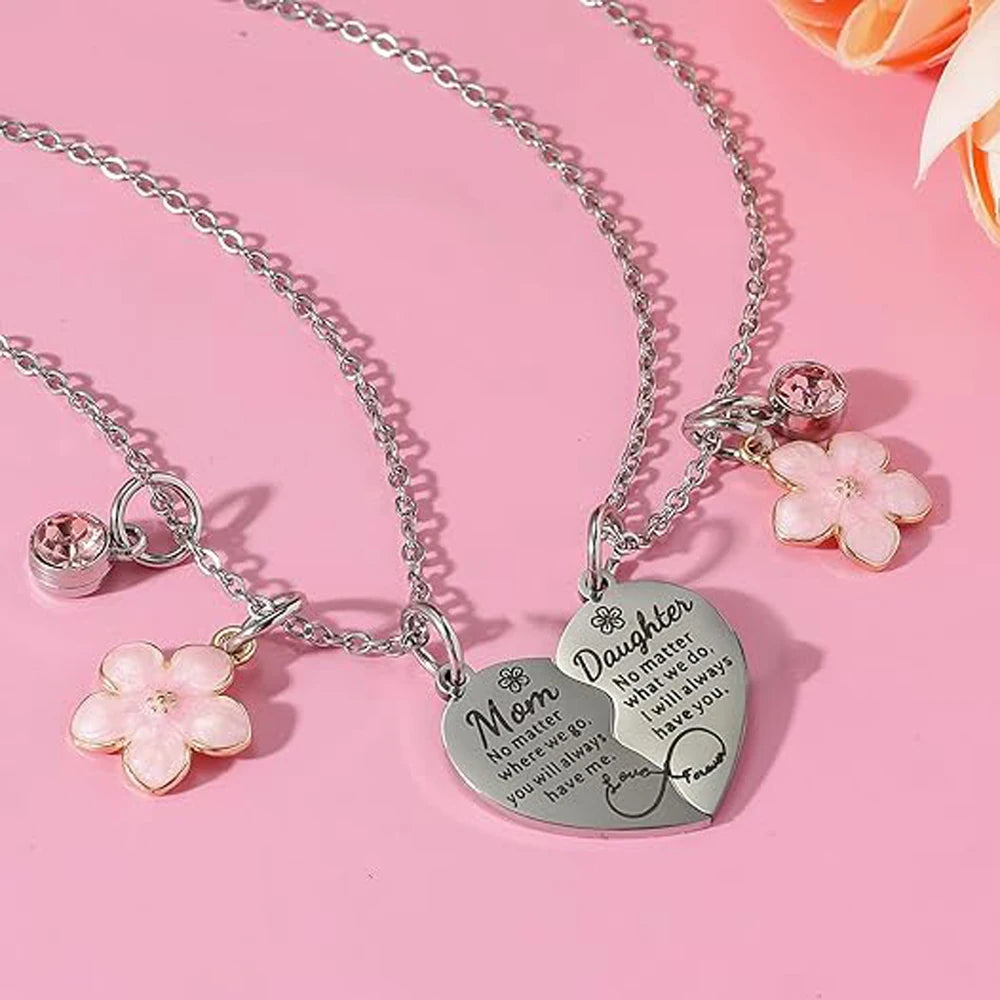 Mother Daughter Necklace for 2 Gifts - Pink Flower Heart Matching Necklace for Mom Women Mother Day Gift from Daughter
