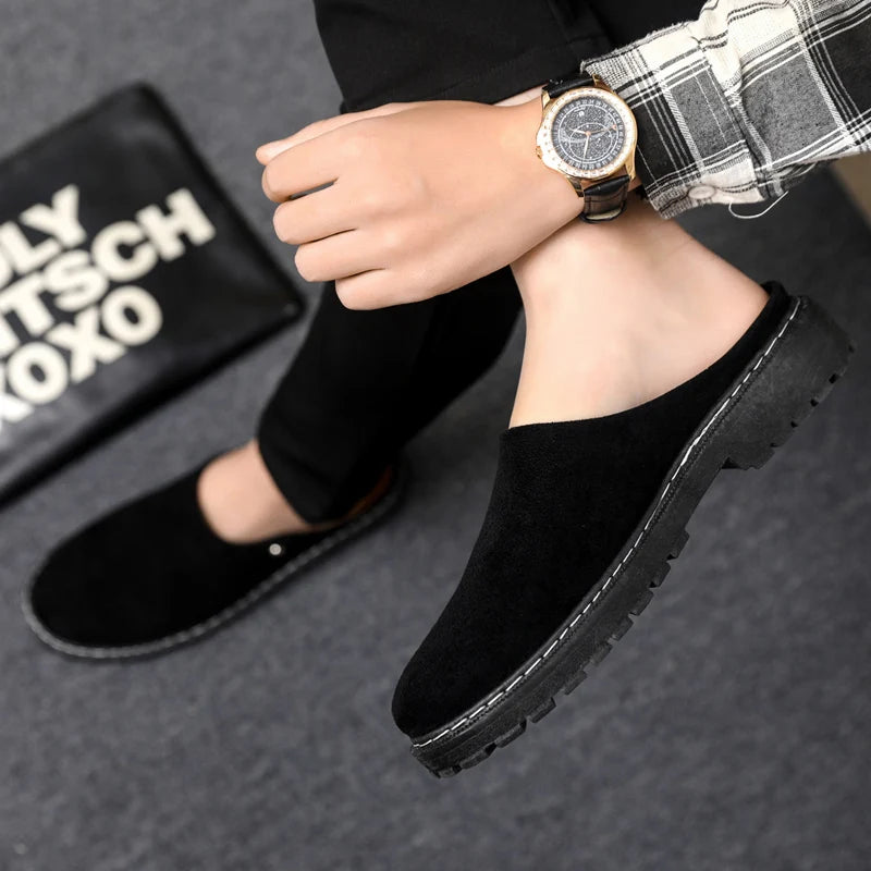 Black Men's Half Shoes Summer Casual Shoes Comfortable Suede Leather Shoes For Men Loafers Breathable Slip-on Shoes Man Slippers
