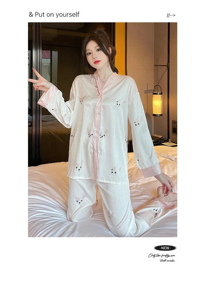 Maternity 2-Piece Set of Ice Silk Pajamas Comfortable Silk Long-Sleeved Trousers Herringbone Pattern Jacquard Silk Loungewear