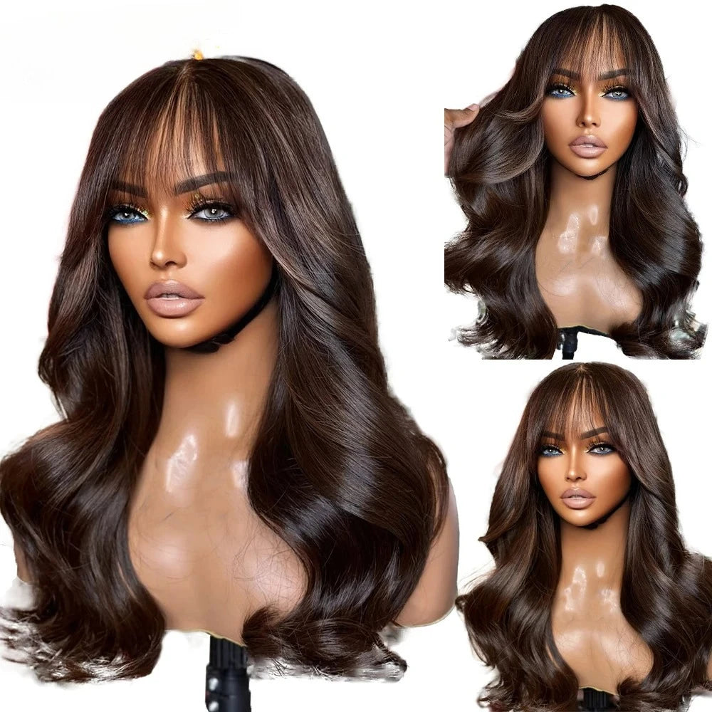 Ginger Wigs Body Wave Lace Frontal Wig With Bangs 13x4 HD Pre Plucked Hairline Transparent Heat Resistant Synthetic Hair Cosplay