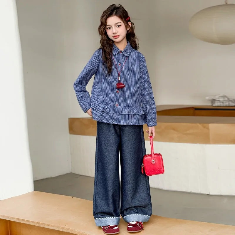 Girls Clothing Set Fashion Children Blue Plaid Loose Fit Sweet Doll Shirt +Cowboy Wide Leg Pants Two-piece Set Spring Autumn