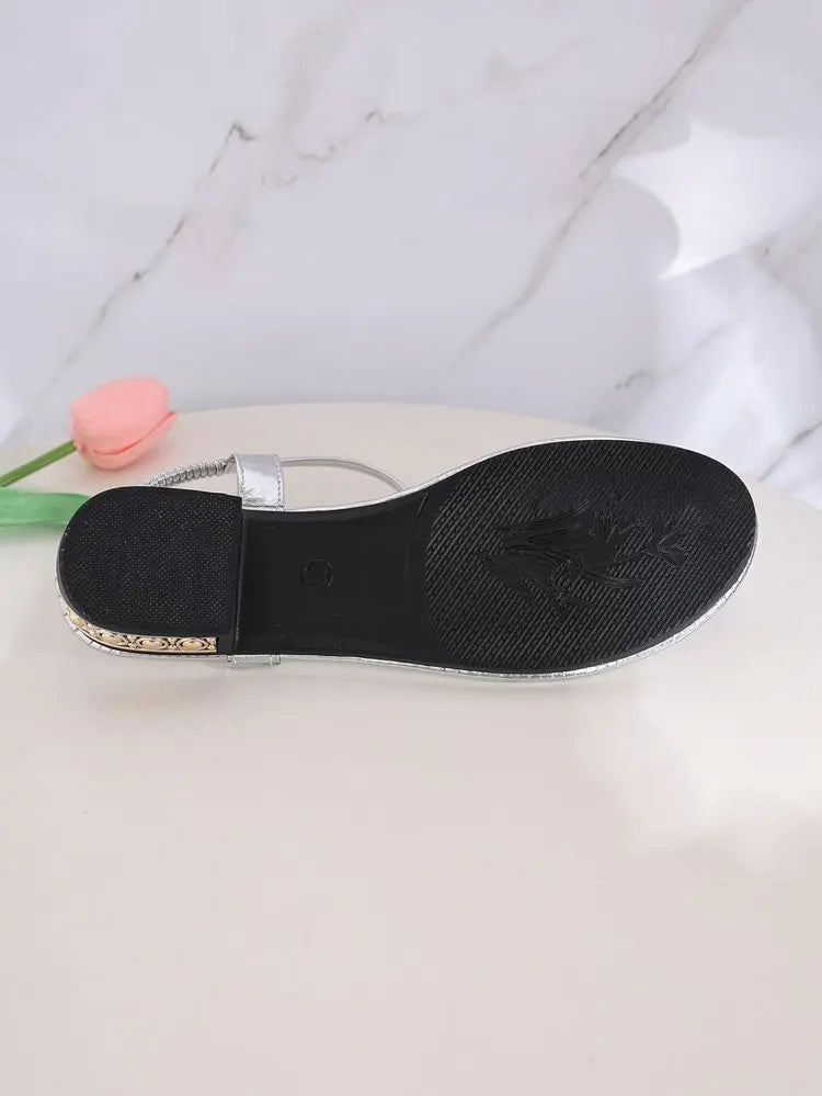 Women's Sandals Low Block Heel Rhinestone Leaf Thong Style Elastic Slingback Glossy Finish Summer Vacation Casual Dressy Shoes