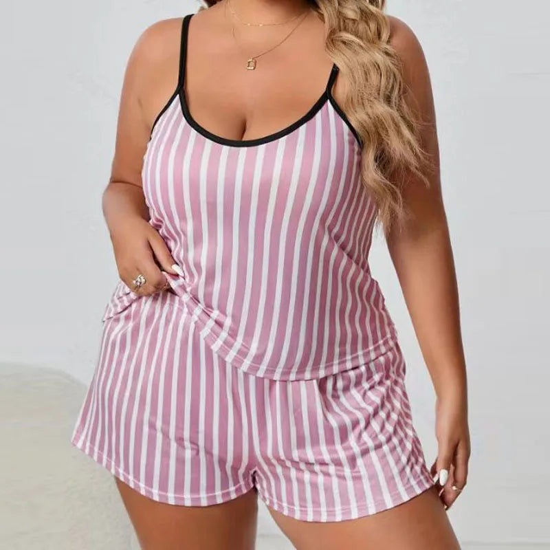 2026 Summer Women's Heart Print Pajama Set Sleeveless Elastic Waist Shorts 2 Pieces Female Sleepwear Nightwear XL-5XL Plus Size
