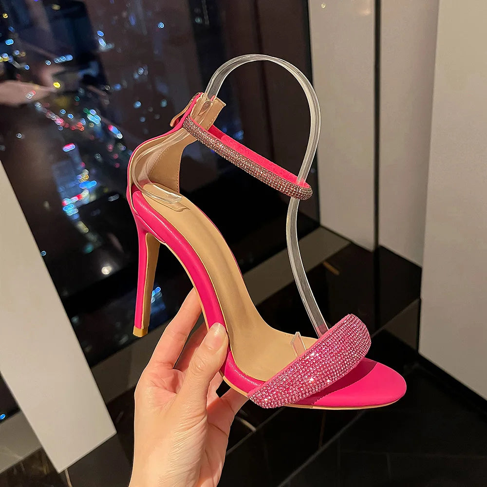 Sandals Women 2025 Concise Style One-strap Sandals for Girls Women Sexy Stiletto Heel Back Zip Cover Heels Summer Sandalias Gold