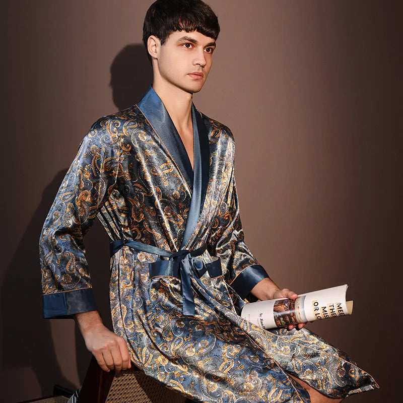 Pajama Men's Robe Kimono Gown Bathrobe with Pockets Print Sleepwear Home Clothing Spring Autumn Satin Nightwear Loose Loungewear