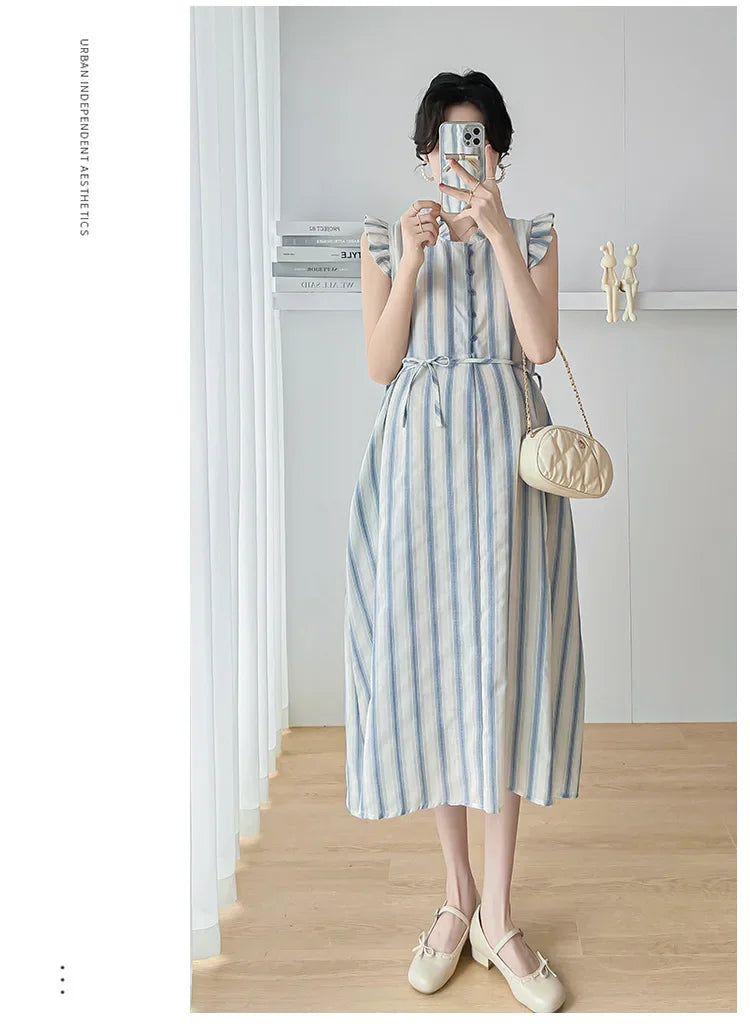 Maternity Clothes Spring Autumn Pregnancy Dresses Pregnant Women Lantern Sleeve High Waist V Neck  Clothing