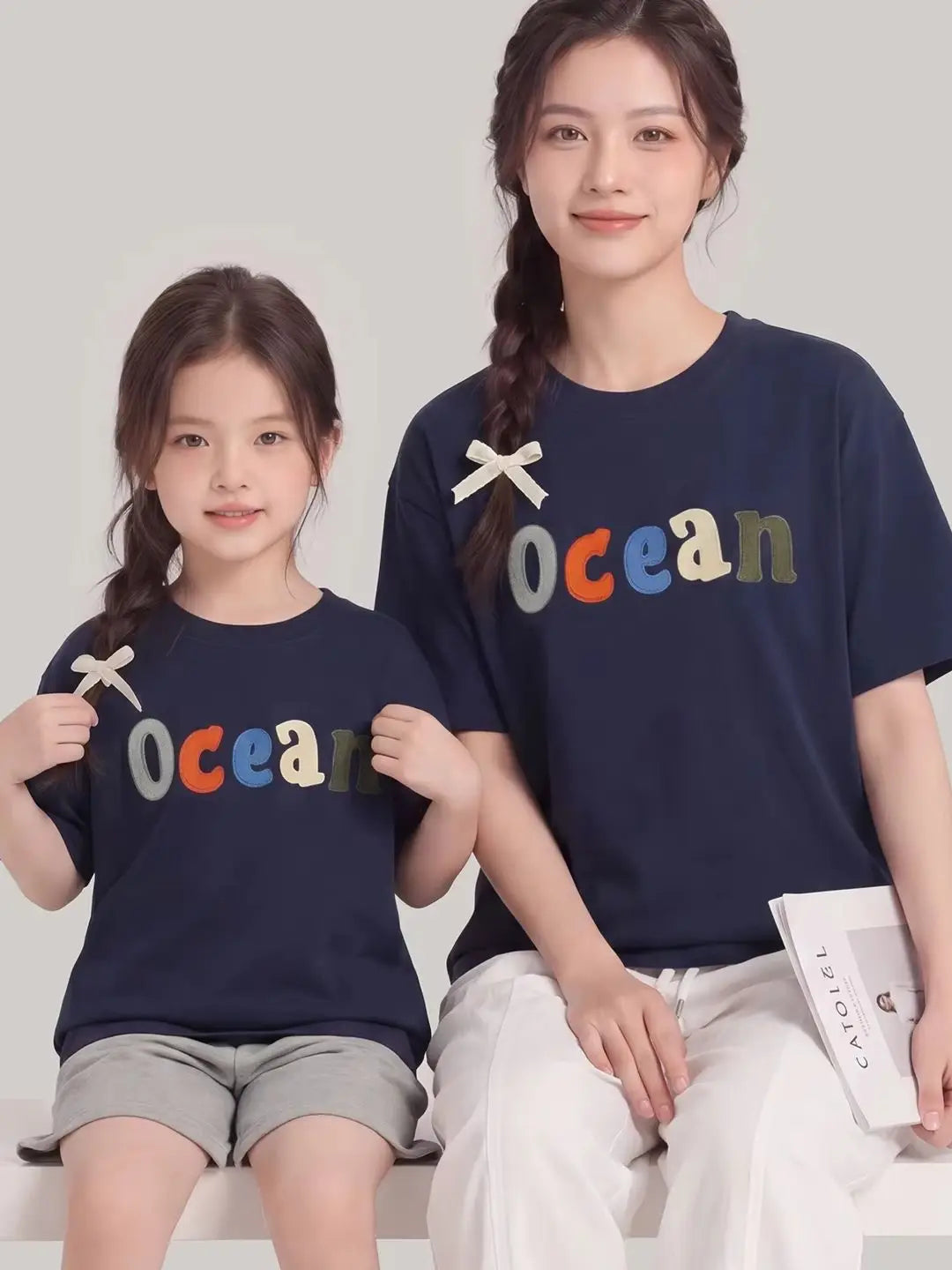 Summer Children's Short Sleeve T-Shirts Family Matching Sets Casual Loose Applique Mother-Daughter Mother-Son Boy And Girl Cloth
