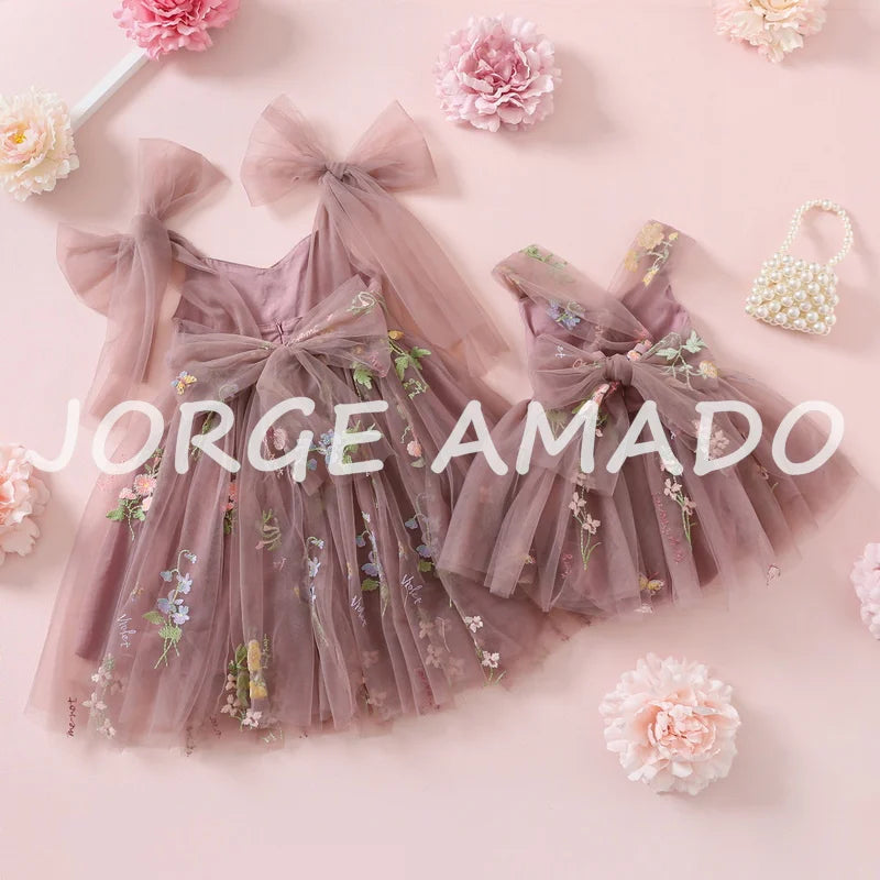 2026 Easter Kids Dress Girl Summer Dress Floral Bow Sleeveless Dance Performance Dress Girls Clothes E1236