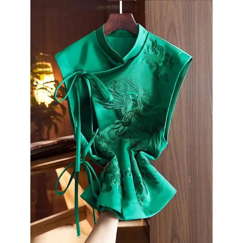 Chinese Style Top Women Tang Clothes Embroidery Phoenix Flower Qipao Lady Vest Vintage Clothing Casual Carnival Dress Up Party