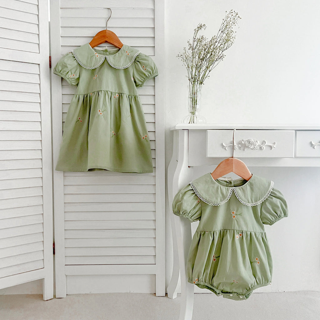 Sister Baby Girl Party Dress Summer Short Sleeved Cotton Embroidered Flowers Sister Dress Baby Girl Romper Kids Princess Dresses