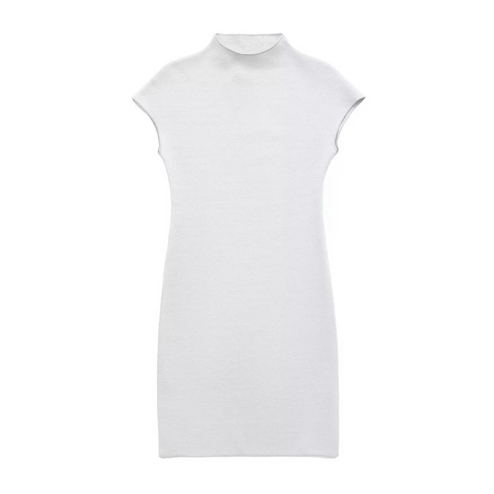 TRZA Women Fashion Stretch Knit Mini Dress Vintage High Neck Sleeveless Female Dresses Vestidos Mujer