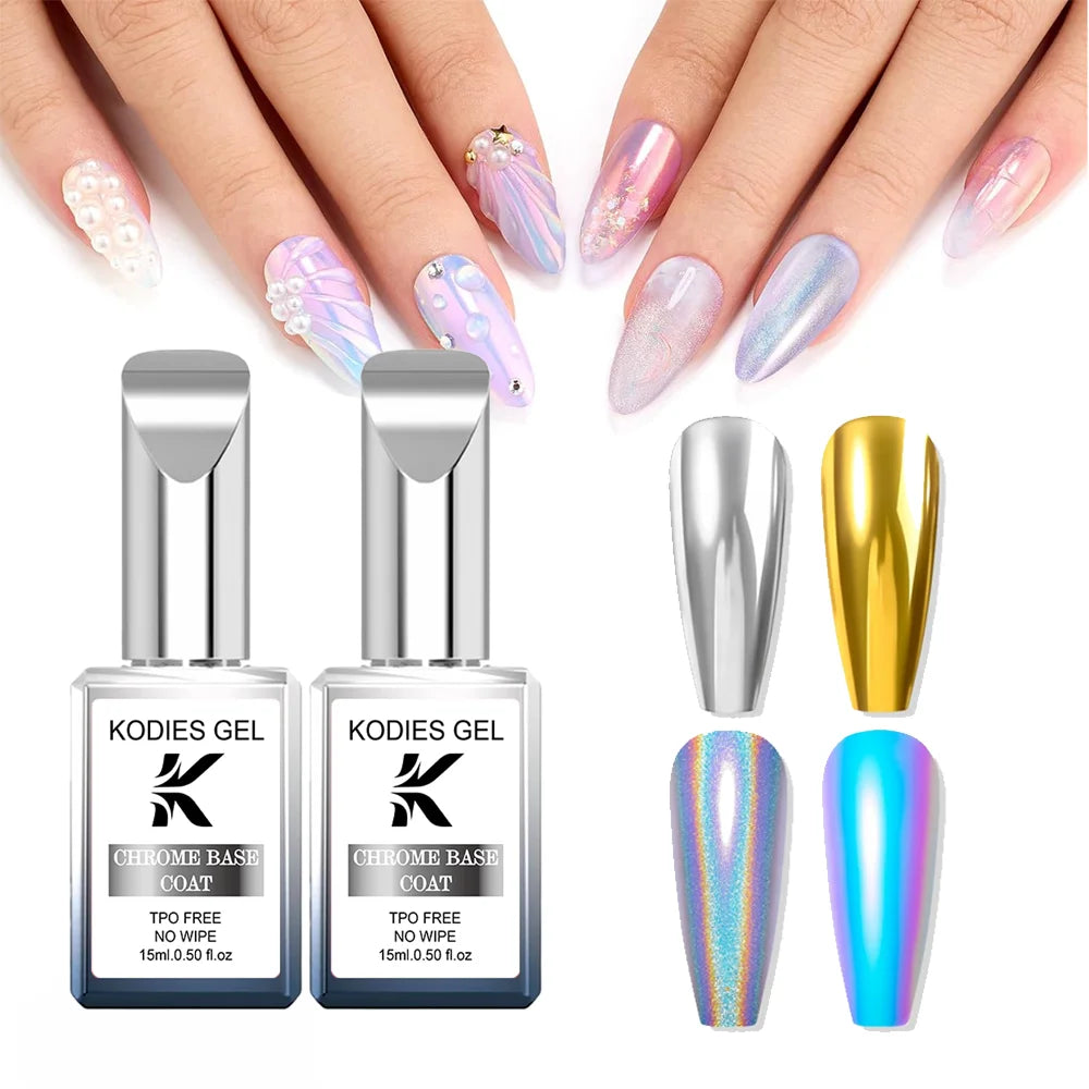 KODIES GEL Clear Chrome Base Coat Metallic Mirror Painting Gel Base No Stick Chrome Powder Semi Permanent UV Manicure Nails Art