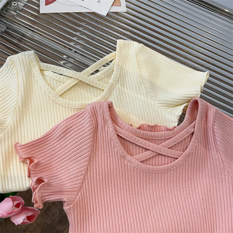 Girls T-Shirt Summer Children Short-Sleeved Casual Thin Soft Tops Simple Solid Color Kids Clothing 2-6 Years Baby Tees