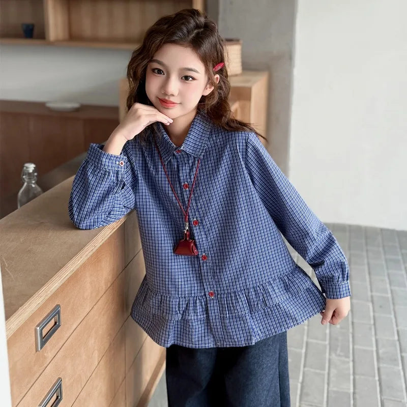 Girls Clothing Set Fashion Children Blue Plaid Loose Fit Sweet Doll Shirt +Cowboy Wide Leg Pants Two-piece Set Spring Autumn